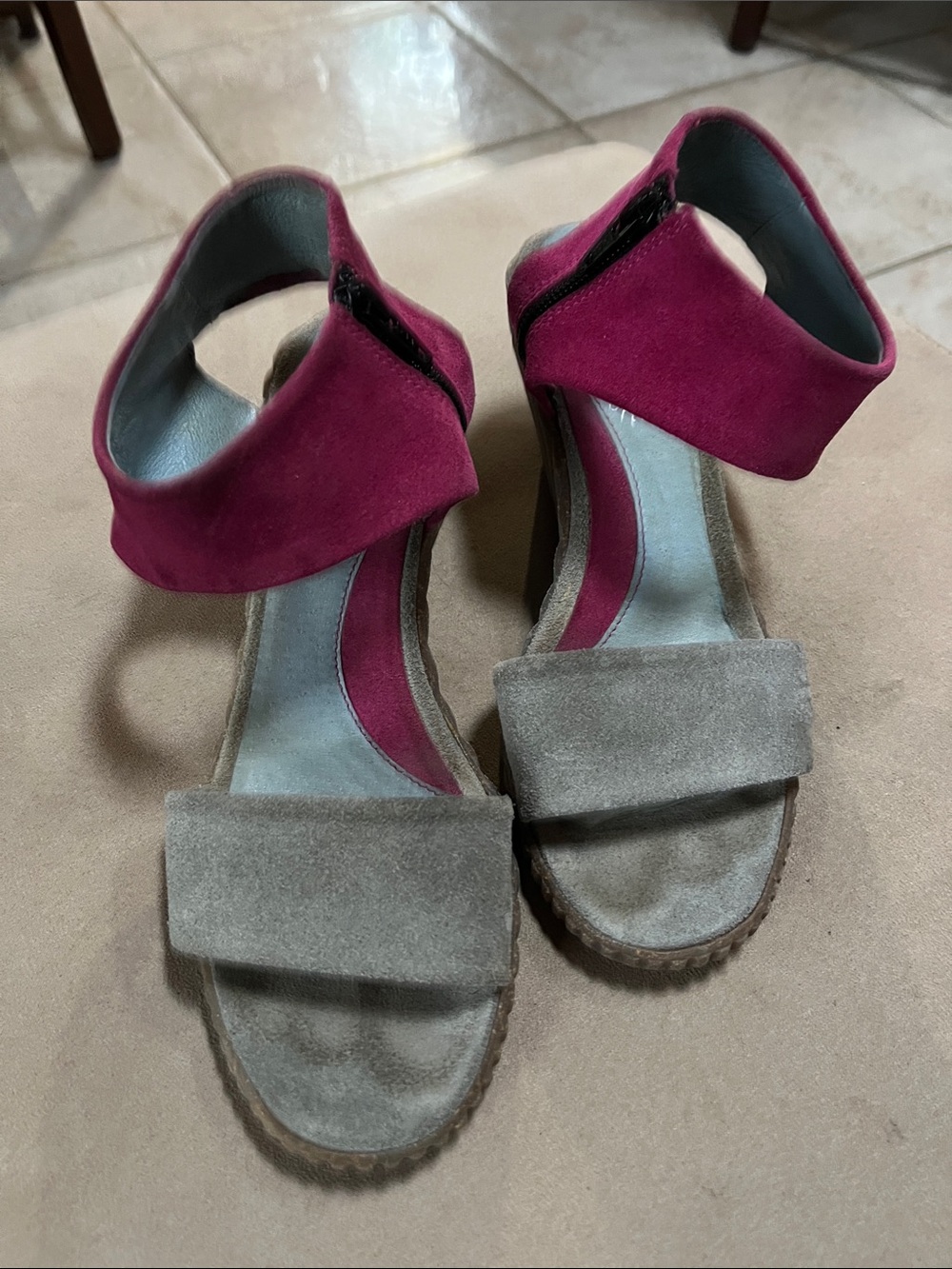 Women's Two-Tone Suede Ankle-Strap Sandals in Magenta and Taupe